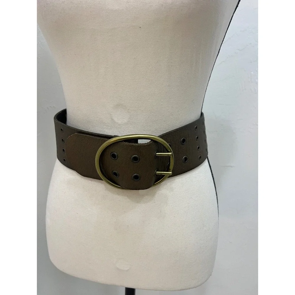 Linea Pelle Wide Leather Grommet Belt Women's Brown Brass‎ Double Prong Buckle S